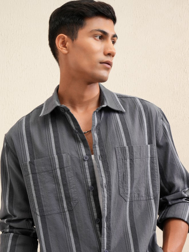 Locomotive Men Grey Striped Oversized Fit Casual Shirt - Grey - Image 1