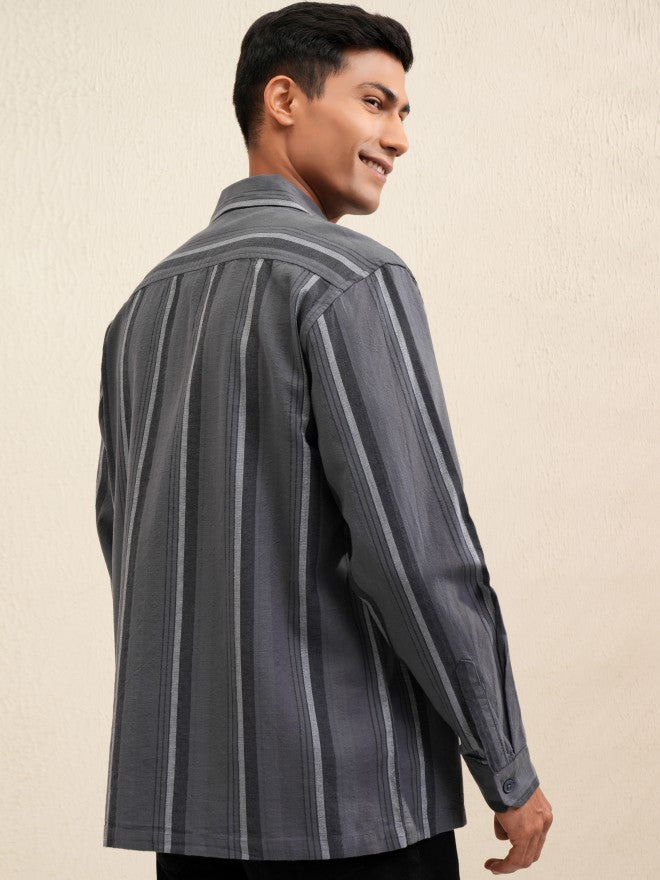 Locomotive Men Grey Striped Oversized Fit Casual Shirt - Grey - Image 3