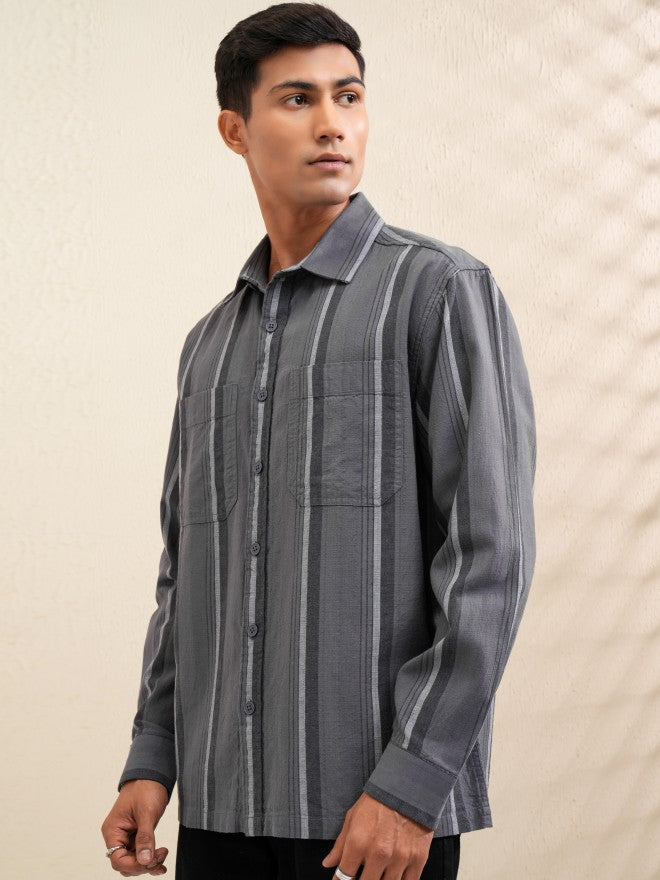 Locomotive Men Grey Striped Oversized Fit Casual Shirt - Grey - Image 4