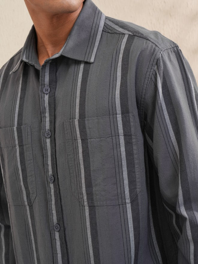 Locomotive Men Grey Striped Oversized Fit Casual Shirt - Grey - Image 5