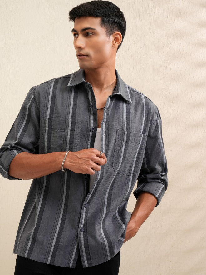 Locomotive Men Grey Striped Oversized Fit Casual Shirt - Grey - Image 6