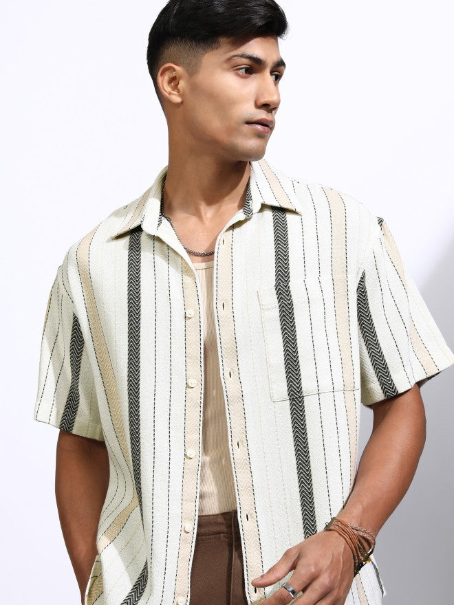 Locomotive Men Off White Striped Oversized Fit Casual Shirt - Off White - Image 1