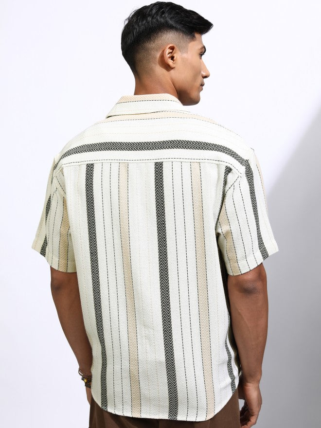Locomotive Men Off White Striped Oversized Fit Casual Shirt - Off White - Image 3