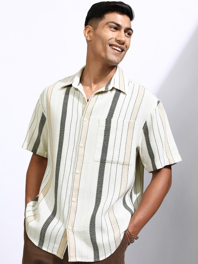 Locomotive Men Off White Striped Oversized Fit Casual Shirt - Off White - Image 4