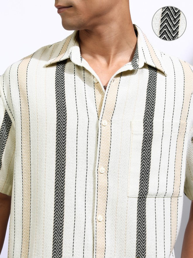 Locomotive Men Off White Striped Oversized Fit Casual Shirt - Off White - Image 5