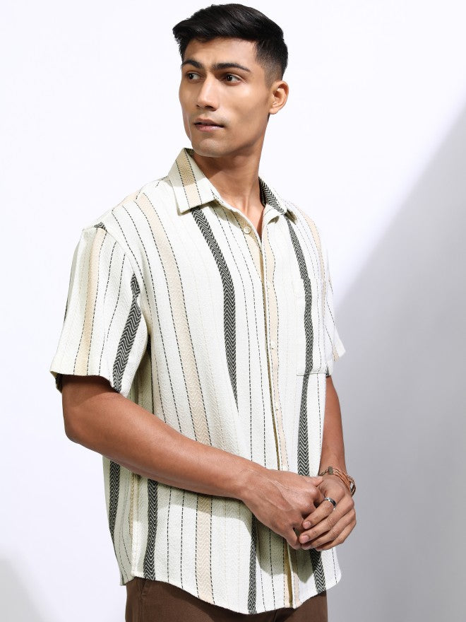 Locomotive Men Off White Striped Oversized Fit Casual Shirt - Off White - Image 6