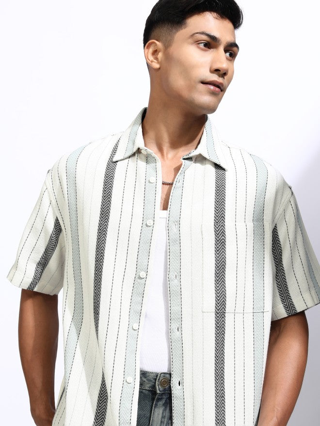 Locomotive Men Off White Striped Oversized Fit Casual Shirt - Off White - Image 1