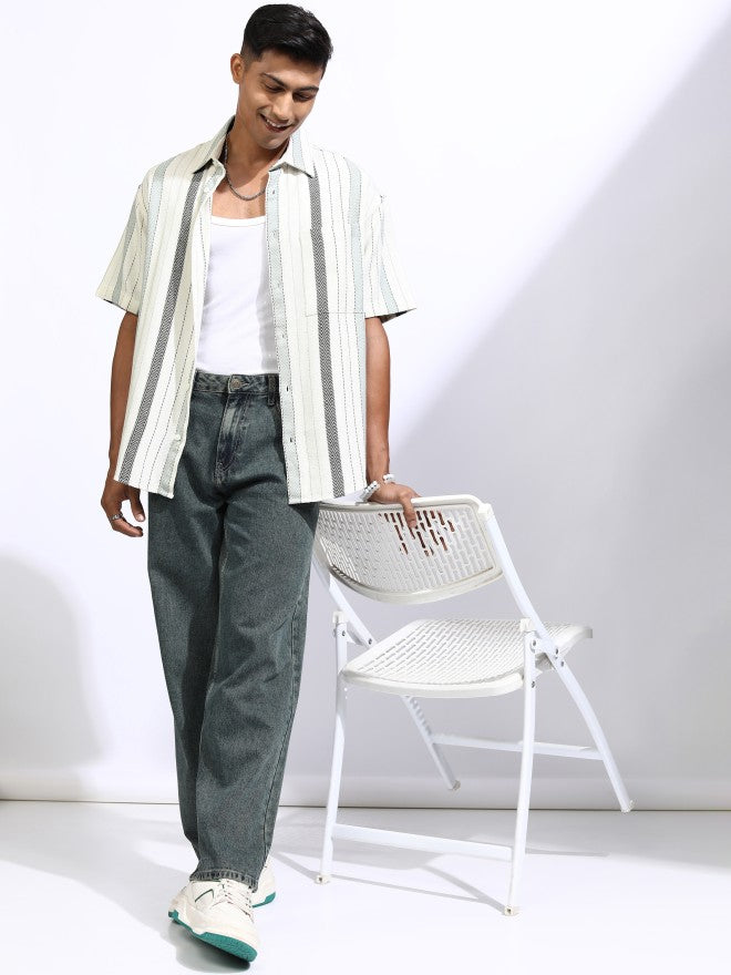 Locomotive Men Off White Striped Oversized Fit Casual Shirt - Off White - Image 2