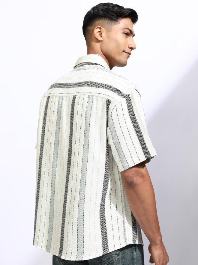 Locomotive Men Off White Striped Oversized Fit Casual Shirt - Off White - Image 3