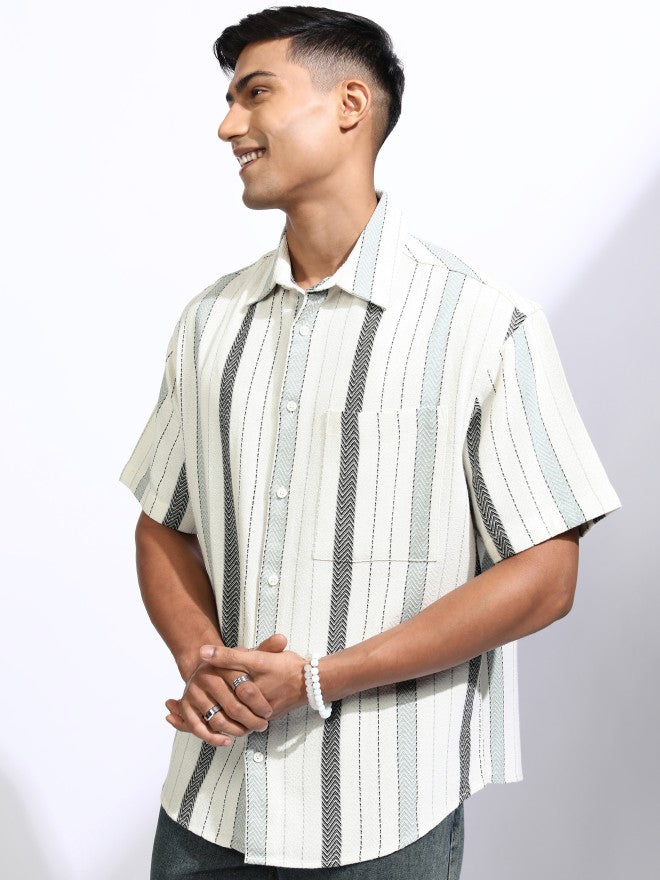 Locomotive Men Off White Striped Oversized Fit Casual Shirt - Off White - Image 4