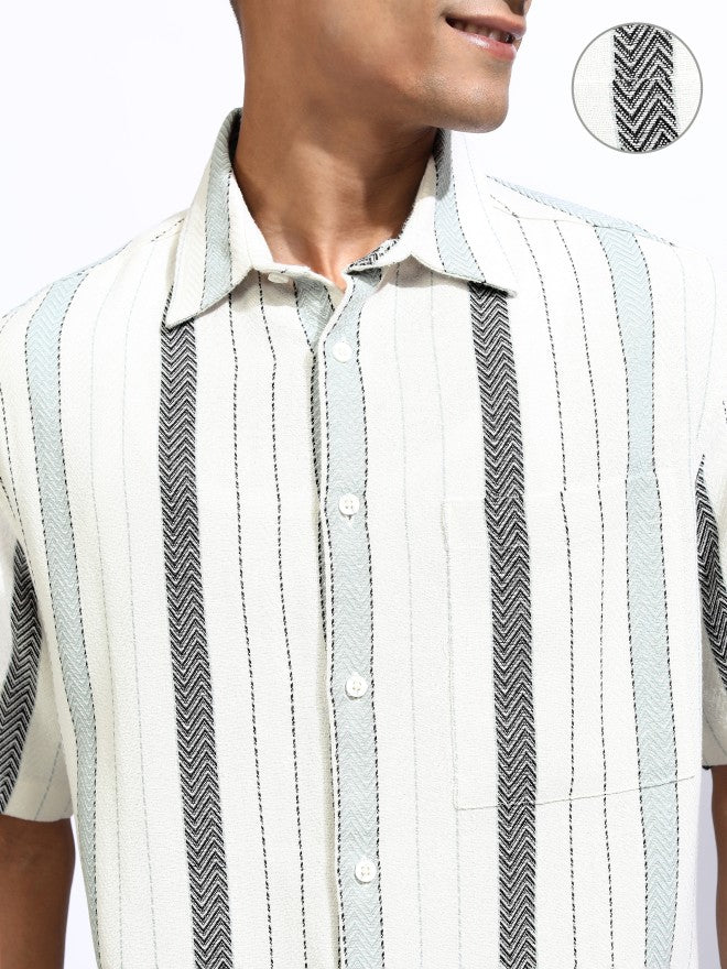 Locomotive Men Off White Striped Oversized Fit Casual Shirt - Off White - Image 5