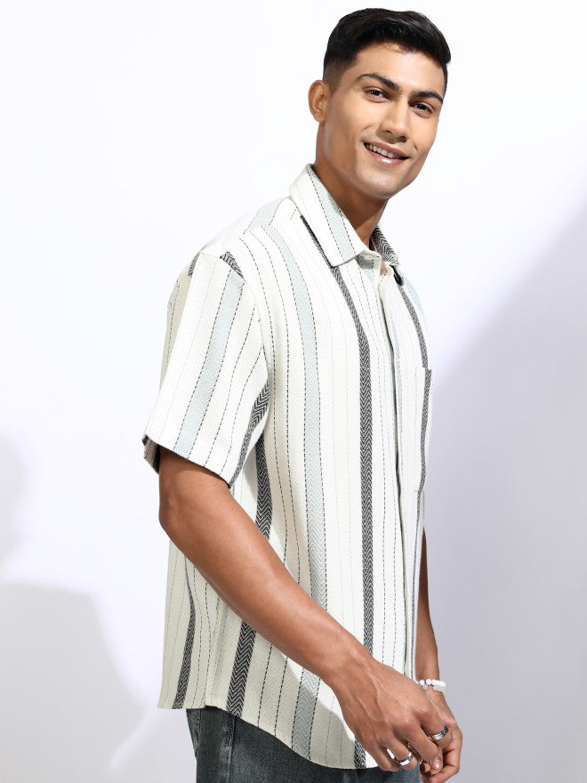 Locomotive Men Off White Striped Oversized Fit Casual Shirt - Off White - Image 6