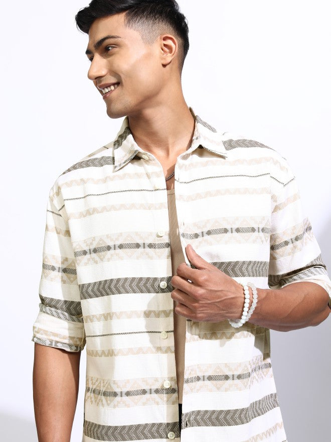 Locomotive Men Cream Printed Regular Fit Casual Shirt - Cream - Image 1