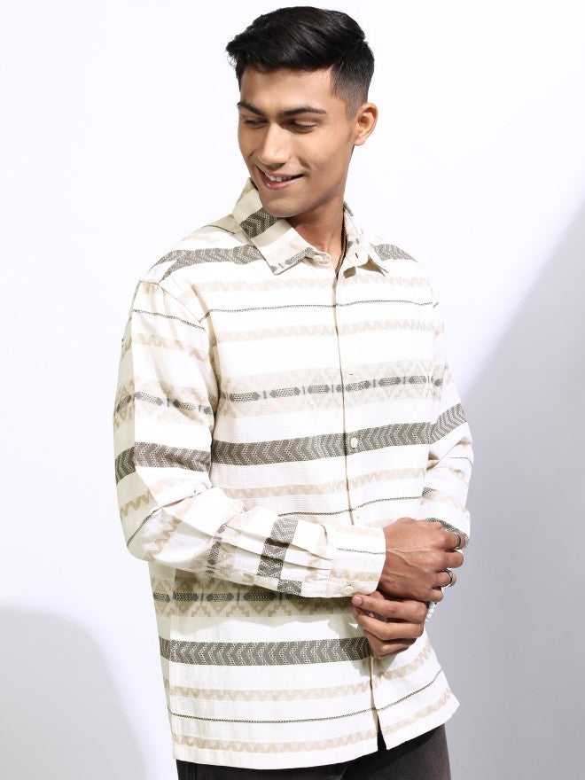 Locomotive Men Cream Printed Regular Fit Casual Shirt - Cream - Image 6