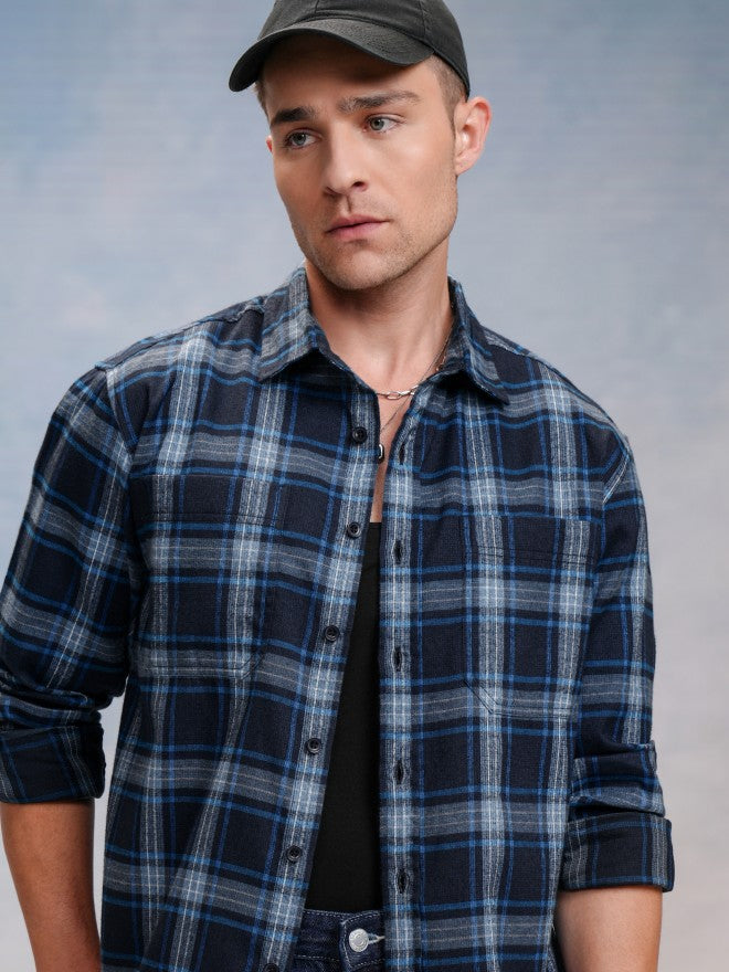 Locomotive Men Navy Blue Checked Oversized Fit Casual Shirt - Navy Blue - Image 1