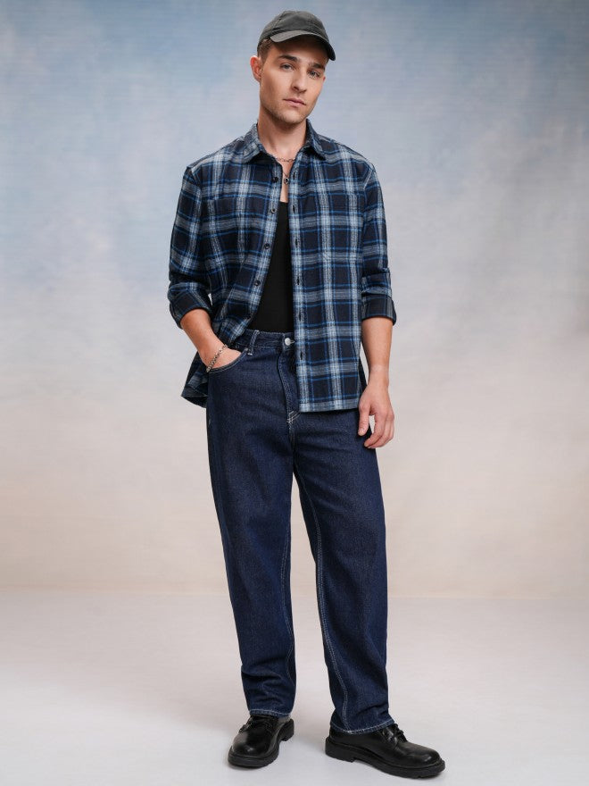 Locomotive Men Navy Blue Checked Oversized Fit Casual Shirt - Navy Blue - Image 2