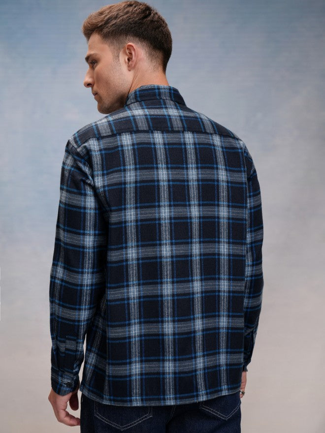 Locomotive Men Navy Blue Checked Oversized Fit Casual Shirt - Navy Blue - Image 3