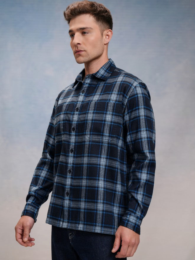 Locomotive Men Navy Blue Checked Oversized Fit Casual Shirt - Navy Blue - Image 4