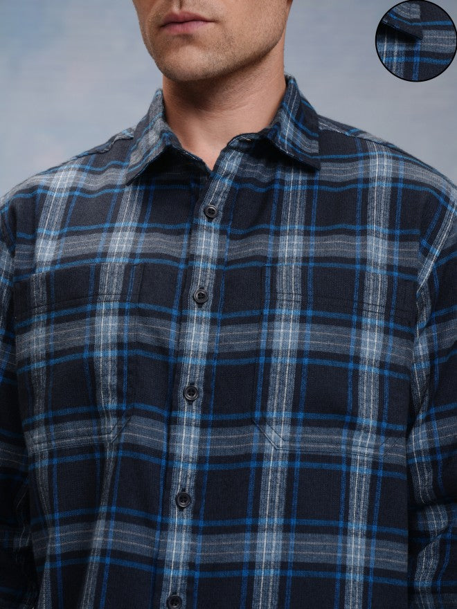 Locomotive Men Navy Blue Checked Oversized Fit Casual Shirt - Navy Blue - Image 5