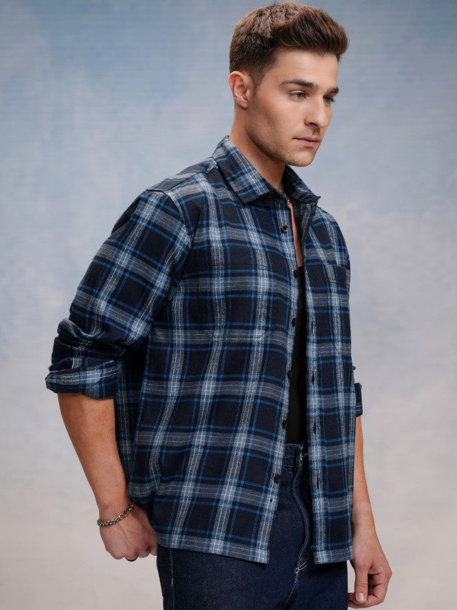 Locomotive Men Navy Blue Checked Oversized Fit Casual Shirt - Navy Blue - Image 6
