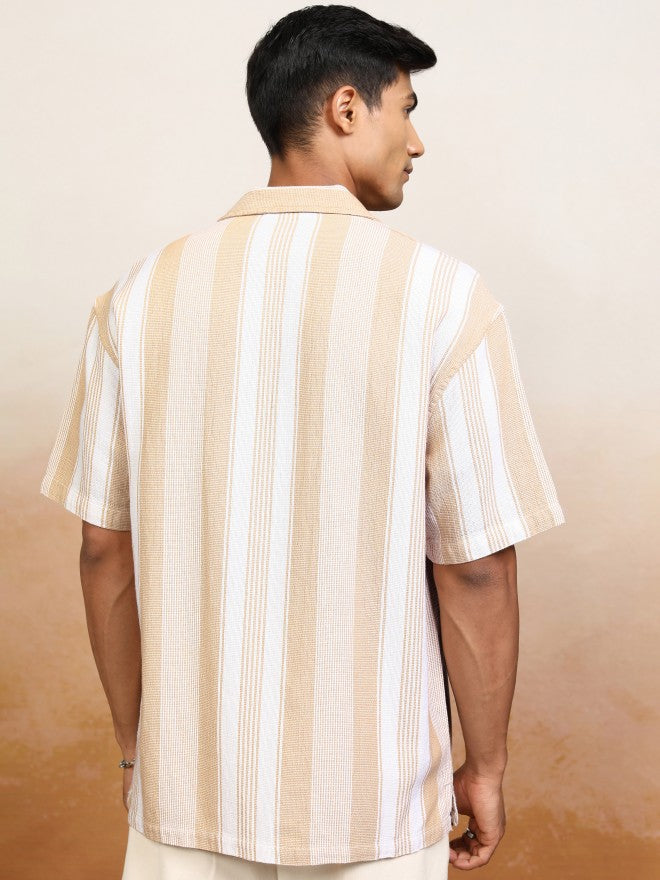 Locomotive Men Beige Striped Oversized Fit Casual Shirt - Beige - Image 3