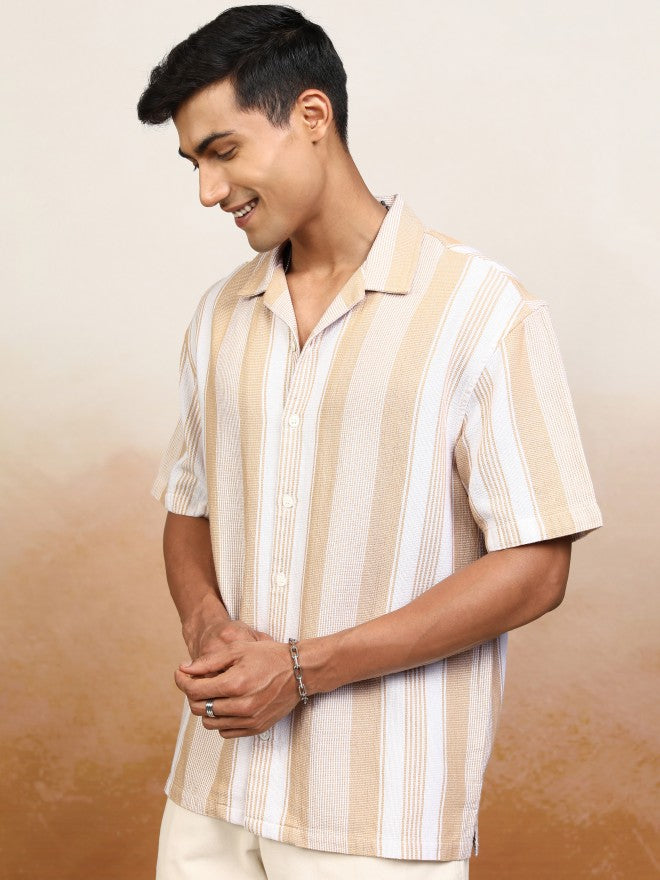 Locomotive Men Beige Striped Oversized Fit Casual Shirt - Beige - Image 4