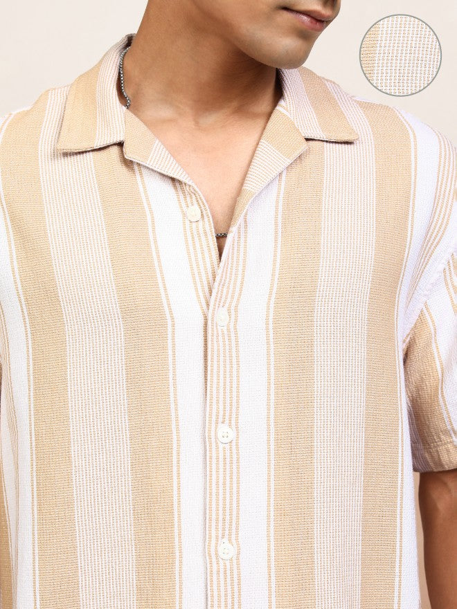 Locomotive Men Beige Striped Oversized Fit Casual Shirt - Beige - Image 5