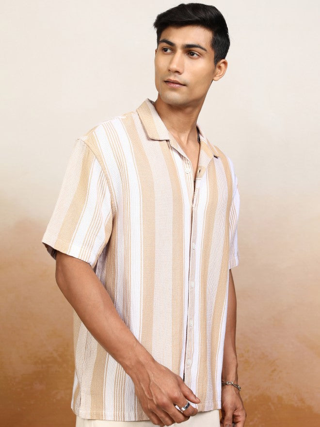Locomotive Men Beige Striped Oversized Fit Casual Shirt - Beige - Image 6