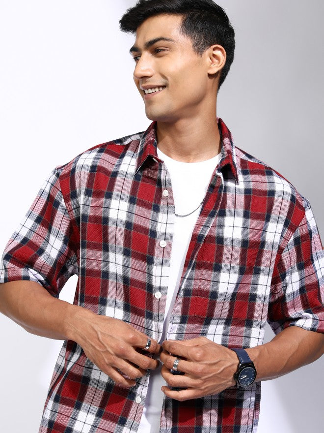 Locomotive Men Red Checked Oversized Fit Casual Shirt - Red - Image 1