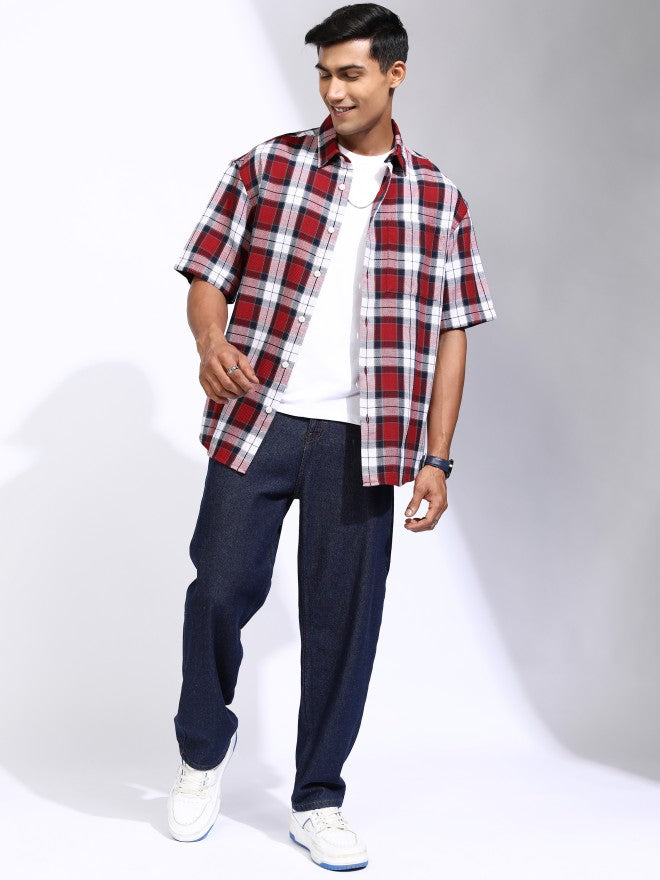 Locomotive Men Red Checked Oversized Fit Casual Shirt - Red - Image 2