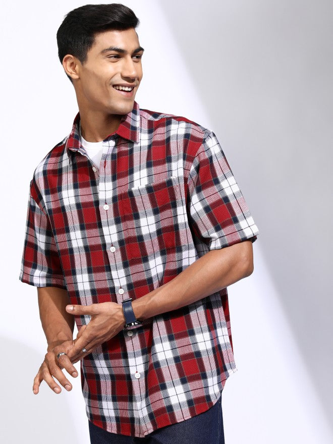 Locomotive Men Red Checked Oversized Fit Casual Shirt - Red - Image 4
