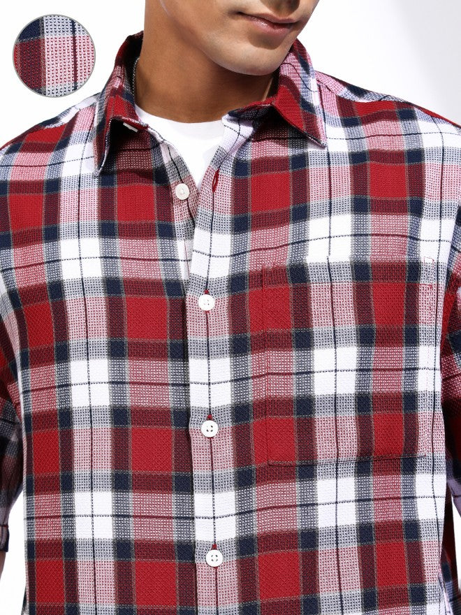 Locomotive Men Red Checked Oversized Fit Casual Shirt - Red - Image 5
