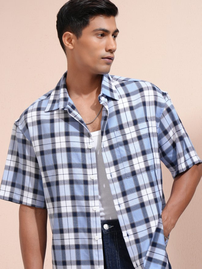 Locomotive Men Blue Checked Oversized Fit Casual Shirt - Blue - Image 1