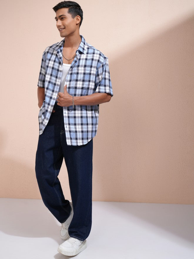Locomotive Men Blue Checked Oversized Fit Casual Shirt - Blue - Image 2