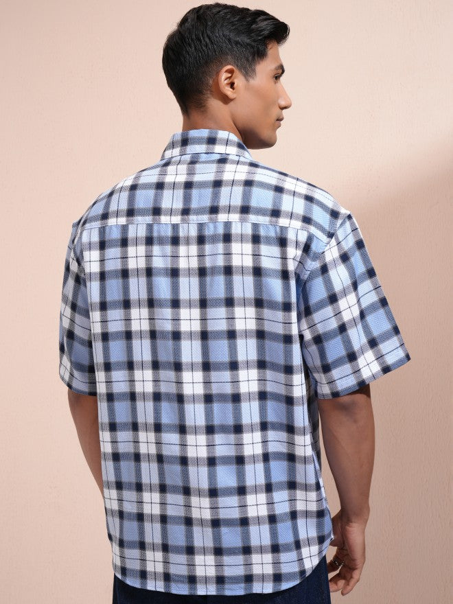 Locomotive Men Blue Checked Oversized Fit Casual Shirt - Blue - Image 3