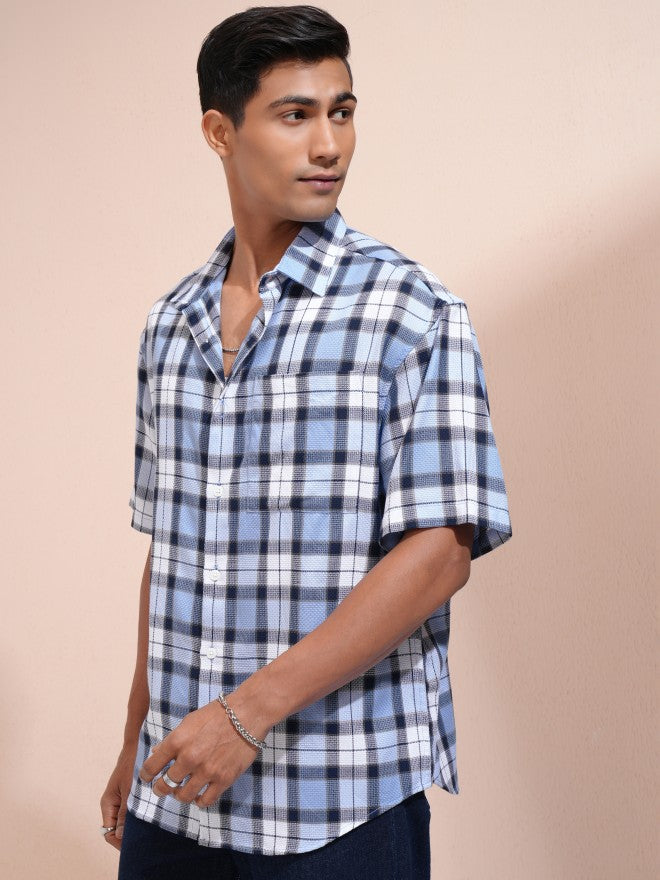 Locomotive Men Blue Checked Oversized Fit Casual Shirt - Blue - Image 4