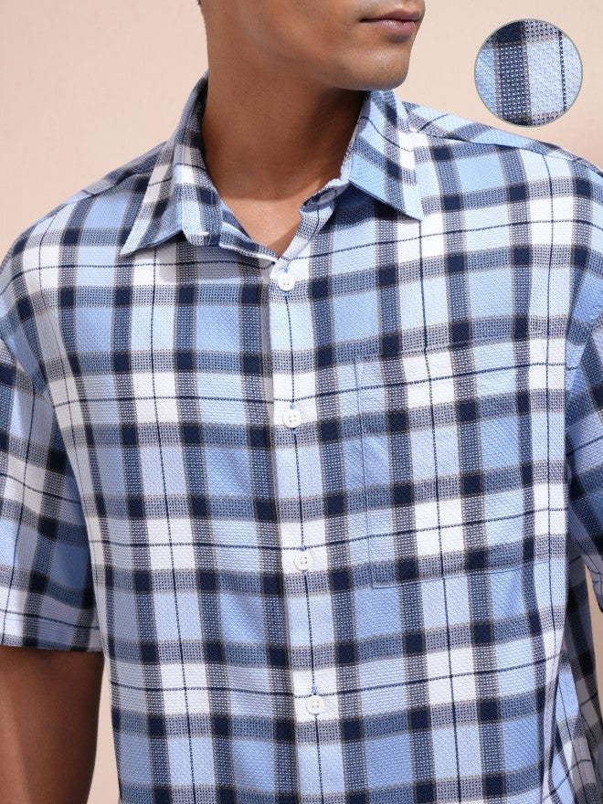Locomotive Men Blue Checked Oversized Fit Casual Shirt - Blue - Image 5