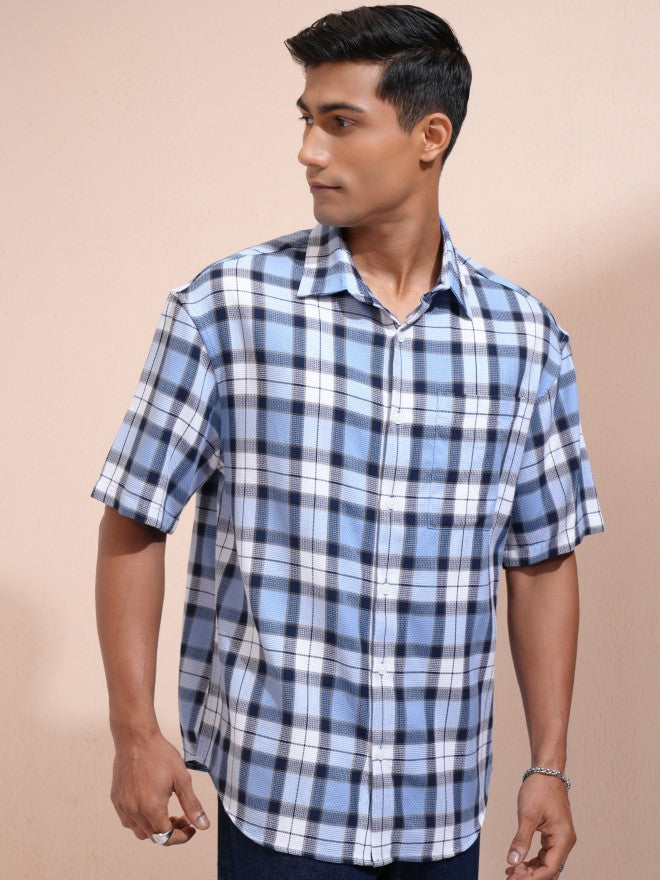 Locomotive Men Blue Checked Oversized Fit Casual Shirt - Blue - Image 6