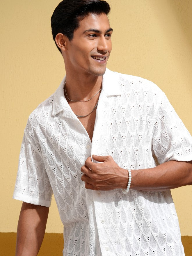 Locomotive Men White Textured Oversized Fit Casual Shirt - White - Image 1