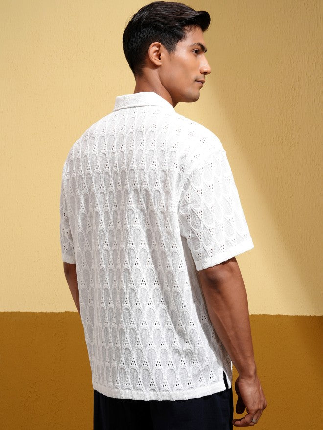 Locomotive Men White Textured Oversized Fit Casual Shirt - White - Image 3