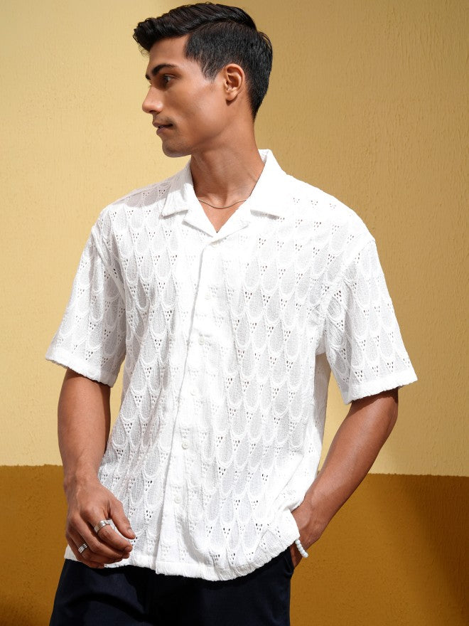 Locomotive Men White Textured Oversized Fit Casual Shirt - White - Image 4
