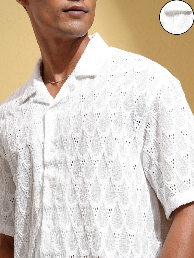 Locomotive Men White Textured Oversized Fit Casual Shirt - White - Image 5