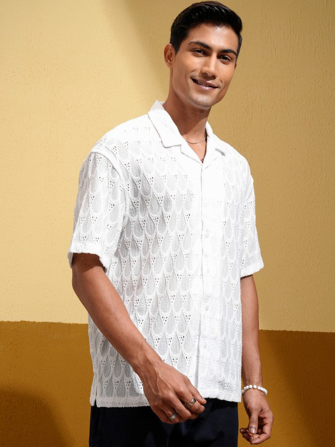 Locomotive Men White Textured Oversized Fit Casual Shirt - White - Image 6