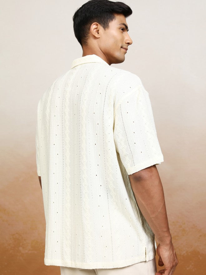 Locomotive Men Cream Textured Oversized Fit Casual Shirt - Cream - Image 3