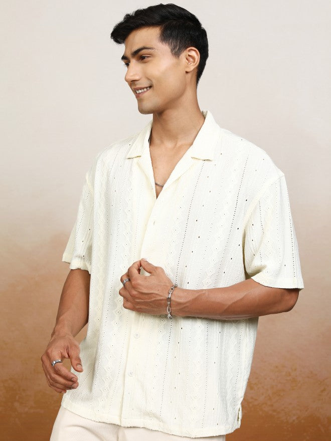 Locomotive Men Cream Textured Oversized Fit Casual Shirt - Cream - Image 4