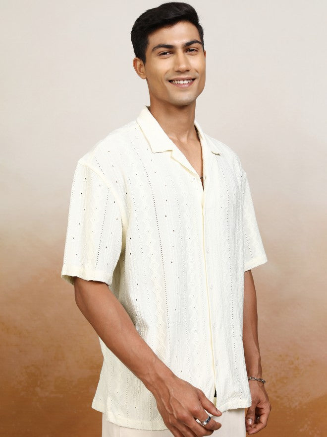 Locomotive Men Cream Textured Oversized Fit Casual Shirt - Cream - Image 6