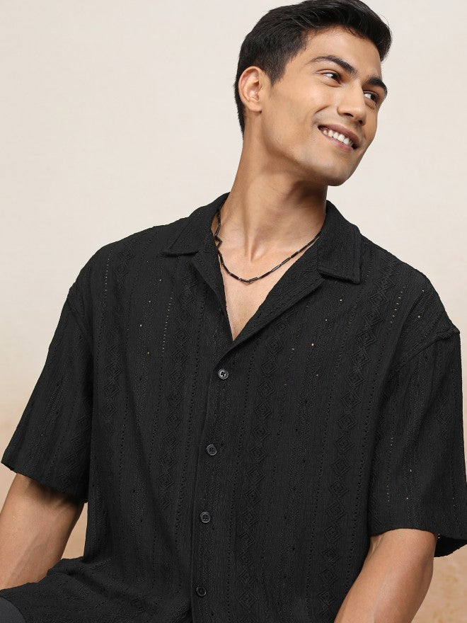 Locomotive Men Black Textured Oversized Fit Casual Shirt - Black - Image 1