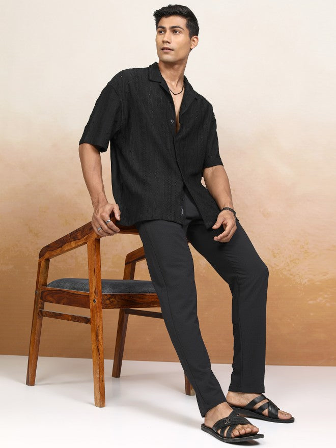 Locomotive Men Black Textured Oversized Fit Casual Shirt - Black - Image 2