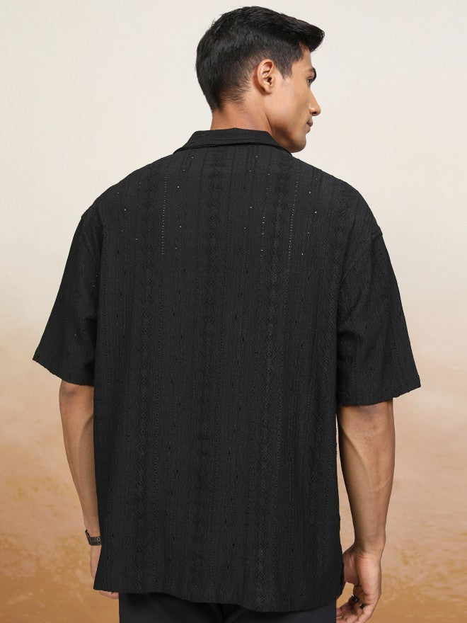 Locomotive Men Black Textured Oversized Fit Casual Shirt - Black - Image 3