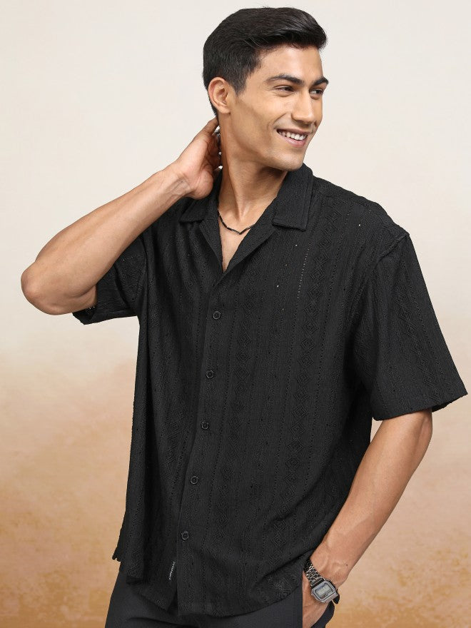 Locomotive Men Black Textured Oversized Fit Casual Shirt - Black - Image 4